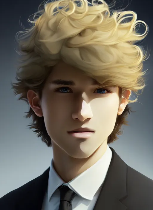 Image similar to young man with medium - length, curly, golden hair, perfectly proportioned face, aquamarine eyes, sweet smile, wearing a black suit, natural lighting, path traced, highly detailed, high quality, animation art, digital painting, by new haicheng and studio ghibli