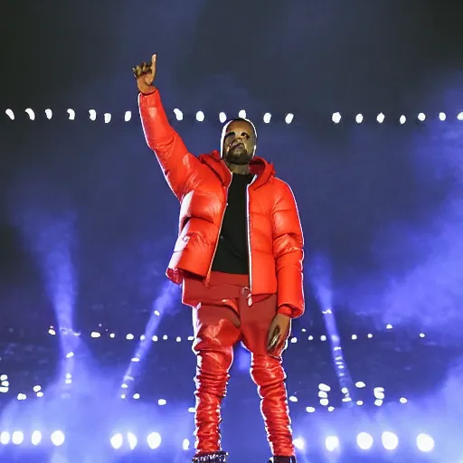 Prompt: kanye west wearing a red puffer jacket and red pants, standing in a stadium