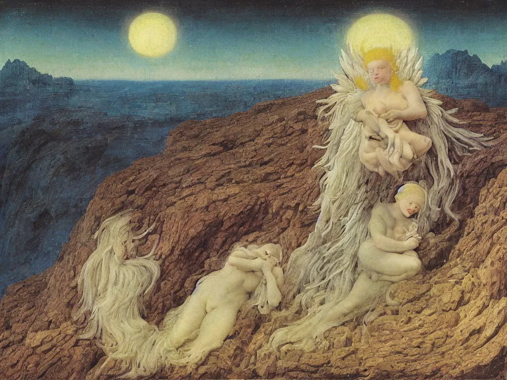 Image similar to Portrait of terrifying Blue star clad albino angel sleeping in the seed of a comet. Icy surreal mountains at night. Coral-like pebbles, autumn light. Painting by Jan van Eyck, Fra Filippo Lippi, Rene Magritte, Jean Delville, Max Ernst, Beksinski