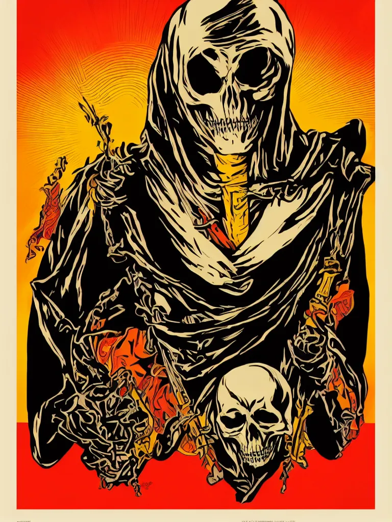 Image similar to poster of skeletor with the word fear, red yellow orange black and cream colors, poster by shepard fairey