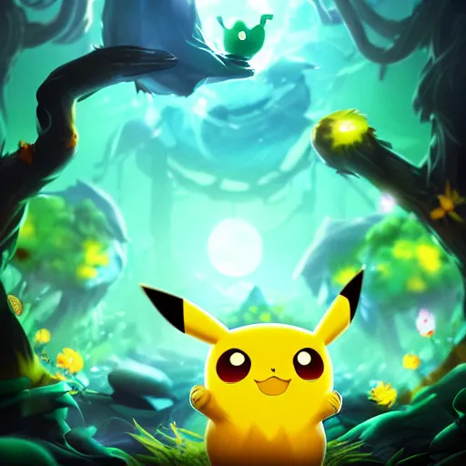 Prompt: a poster of pikachu in the style of ori and the blind forest