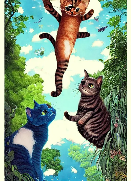 Image similar to a hyper realistic ink cat and the meaning of life and sunbeams blue sky, lush forest poster art by chiara bautista and kim jung giu and norman rockwell and greg rutkowski weta studio, and lucasfilm