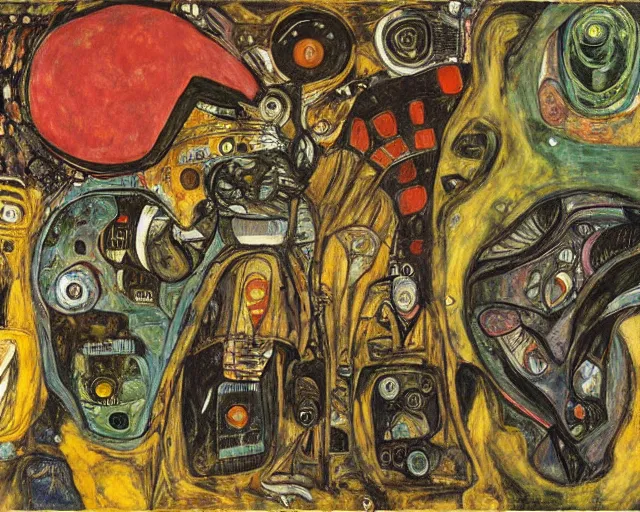 Image similar to a painting of a aliens and robots by graham sutherland, egon schiele, gustav klimt, expressionism