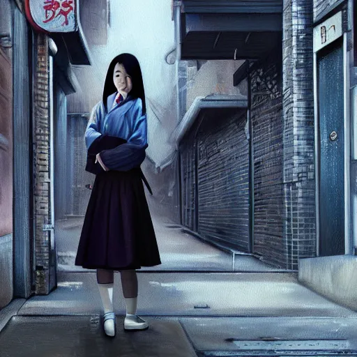 Image similar to a perfect, realistic professional oil painting of a Japanese schoolgirl posing in a dystopian alleyway, style of Marvel, full length, by a professional American senior artist on ArtStation, a high-quality hollywood-style concept