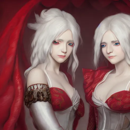 Prompt: Epic rococo painting of two young identical twins, with white skin, long white hair and red eyes. Wearing red clothes. Middle age. Shin megami tensei style, ultra-detailed. Anime, pixiv, UHD 8K CryEngine, octane render