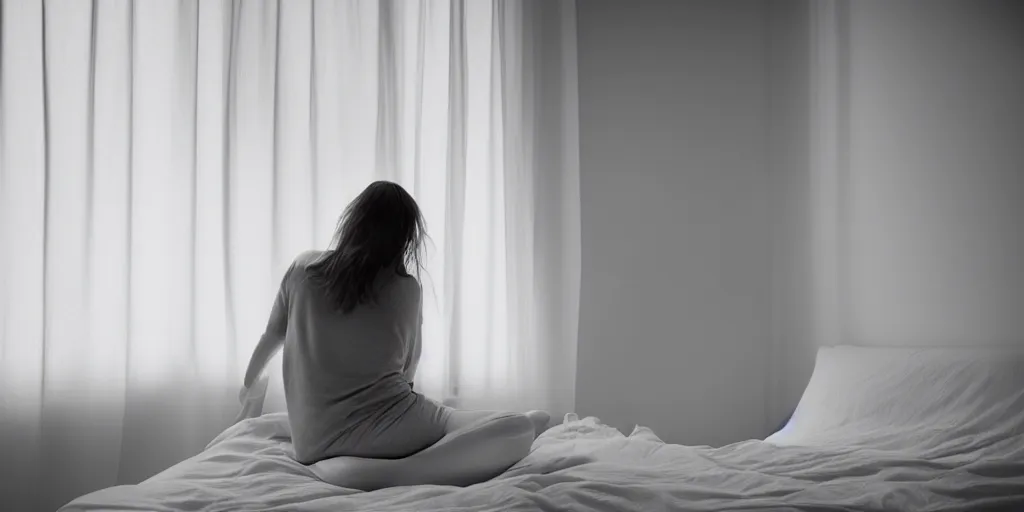 Prompt: woman sitting on bed, looking out the window, minimalistic room, soft light coming from outside, cold atmosphere, color, white walls, dramatic lighting, medium closeup, shot by fincher