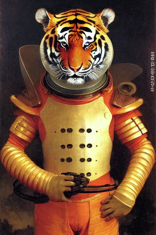 Image similar to portrait of a tiger astronaut with chinese dragon armor and helmet, majestic, solemn, by bouguereau