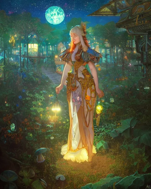 Image similar to girl in solarpunk fantasy village, evening, 4 k, ultra realistic, detailed, epic lighting, starry sky, magical, glowing forest, mushrooms, machines, high detail, masterpiece, trending on artstation by artgerm and akihito tsukushi and alphonse mucha
