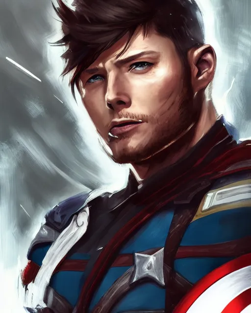 Prompt: an anime portrait of jensen ackles as a beautiful man wearing a captain america costume from skyrim, by stanley artgerm lau, wlop, rossdraws, james jean, andrei riabovitchev, marc simonetti, and sakimichan, trending on artstation