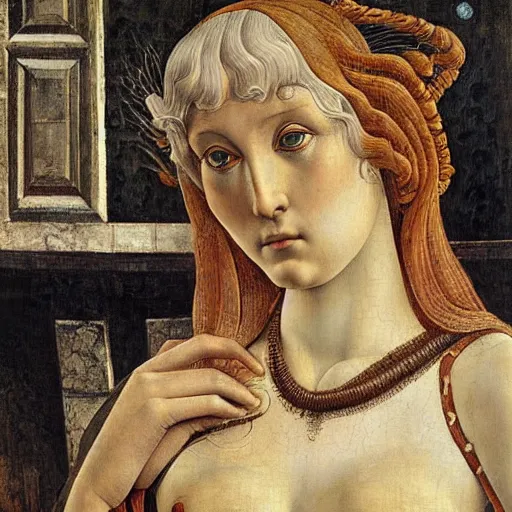 Image similar to intricate, lonely woman in street, detailed, by sandro botticelli, gaston bussiere, h. r. giger, masterpiece, sharp focus,