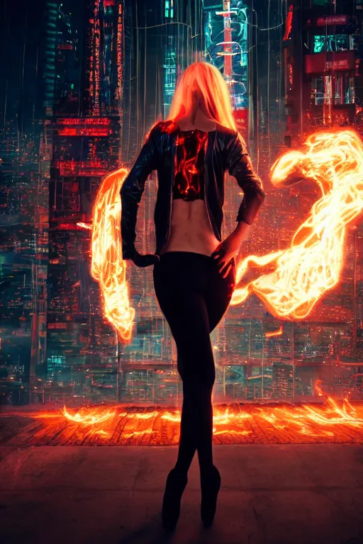 Image similar to young blonde woman from behind with flames dancing on her hands with a long jacket in a cyberpunk city, realistic, high definition, 4K, shimmering color, art of invincible