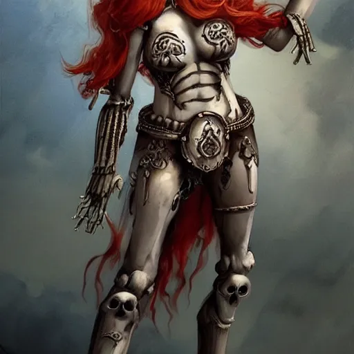 Prompt: cute & beautiful smug smiling undead skeleton girl with very attractive face and red hair dressed as a roman warrior, elegant, digital art, fullbody painting, fantasy, pixar style, painting, pin up, highly detailed, artstation, art by artgerm, vrubel, greg rutkowski, ilya kuvshinov, raymond swanland