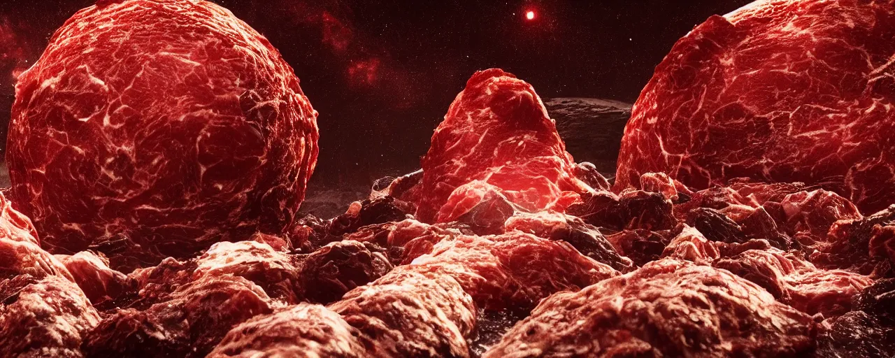 Image similar to ” outer planet made of meat and saliva, [ moist, wet, cinematic, detailed, epic, widescreen, opening, establishing, mattepainting, photorealistic, realistic textures, octane render ] ”