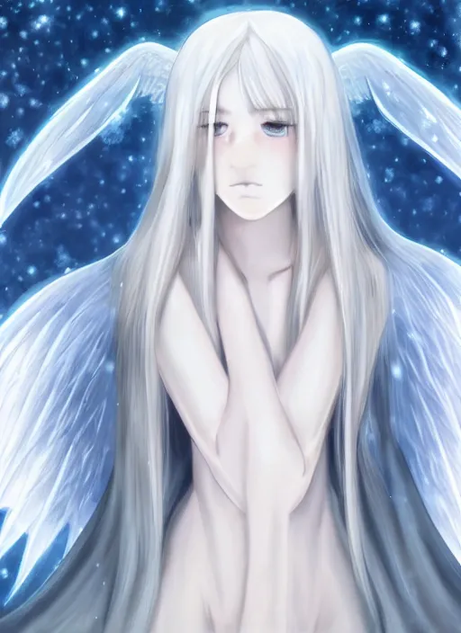 Image similar to thin angel with silver hair so pale and wan!, wearing robes, covered in robes, anime goddess manga, flowing hair, pale skin, young cute face, covered!!, clothed! oil on canvas, 4 k resolution, aesthetic!, mystery