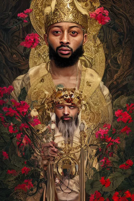 Image similar to breathtaking detailed concept art painting of the god of 2 1 savage, orthodox saint, with anxious, piercing eyes, ornate background, amalgamation of leaves and flowers, by hsiao - ron cheng, extremely moody lighting, 8 k