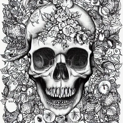 Image similar to detailed rotten skull corpse with fractal plants and fractal flowers and mushrooms growing around, symmetrical, ornate, ornamentation, illustration, in the style of onz _ blk, black and white