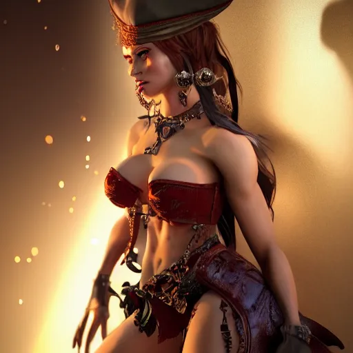 Image similar to full body pose, hyperrealistic photograph of a luscious pirate woman, dim volumetric lighting, 8 k, octane beautifully detailed render, extremely hyper detailed, intricate, epic composition, cinematic lighting, masterpiece, trending on artstation, very very detailed, stunning, hdr, smooth, sharp focus, high resolution, award, winning photo, dslr, 5 0 mm