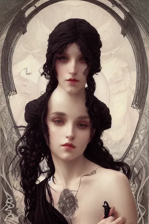 Prompt: portrait of a pretty gothic with tattoo, intricate, elegant, highly detailed, digital painting, artstation, concept art, smooth, sharp focus, illustration, art by artgerm and greg rutkowski and alphonse mucha and william - adolphe bouguereau