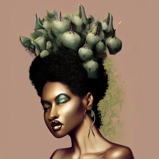 Prompt: portrait of a black woman with an afro ,inspired by Natalie Shau, Anna dittmann, plants growing on the head, horns,cinematic