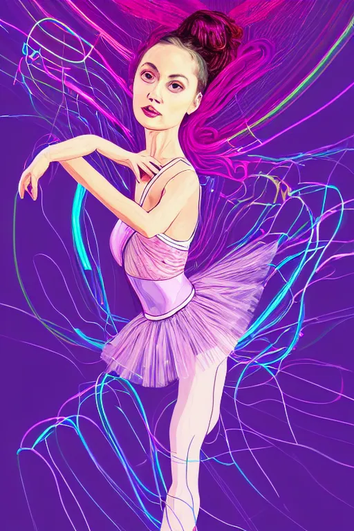 Prompt: a award winning half body portrait of a beautiful ballerina in a crop top and tutu with ombre purple pink teal hairstyle and hands in pockets by ari liloan, surrounded by whirling illuminated lines, outrun, vaporware, shaded flat illustration, digital art, trending on artstation, highly detailed, fine detail, intricate