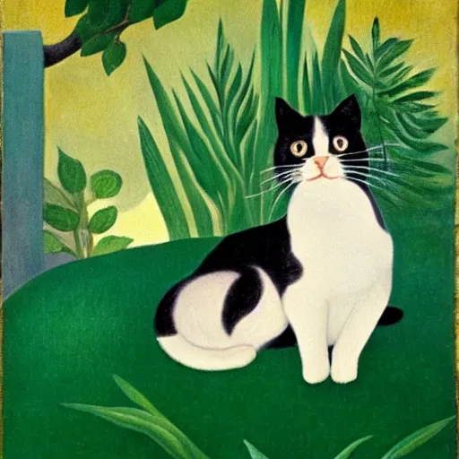 Prompt: calico cat in the style of henri rousseau