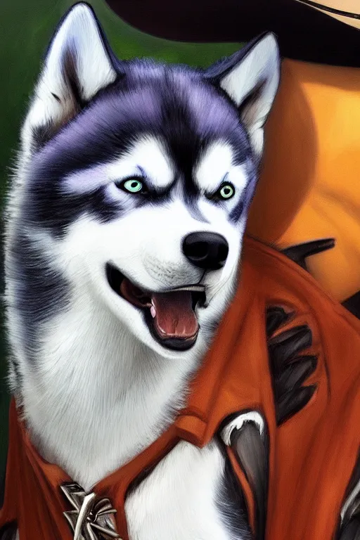 Image similar to a portrait painting of a husky in cowboy costume in the style of anime, [ western film ], [ character design ], humanoid, personify, anthropomorphic, trending on artstation