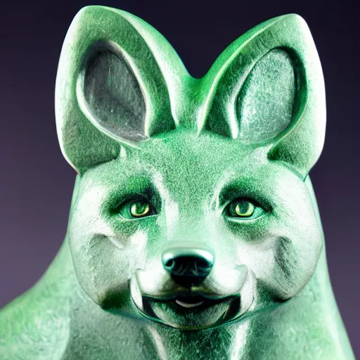 Prompt: Portrait photography of an Emerald fox sculpture