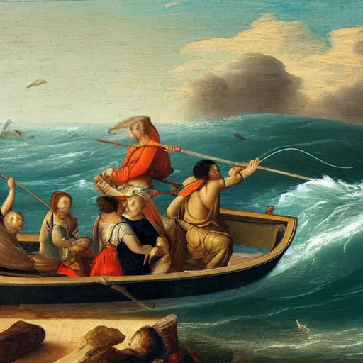 Prompt: highly detailed classical painting of a man fishing on a very small boat, in the ocean, sharks swimming around