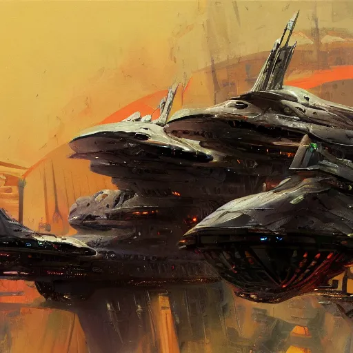 Prompt: concept art of a giantic spaceship by john berkey, it has the shape of an spear and six massive trusters in the back, megalitic, imposing, scifi, cinematic lighting, artstation hq