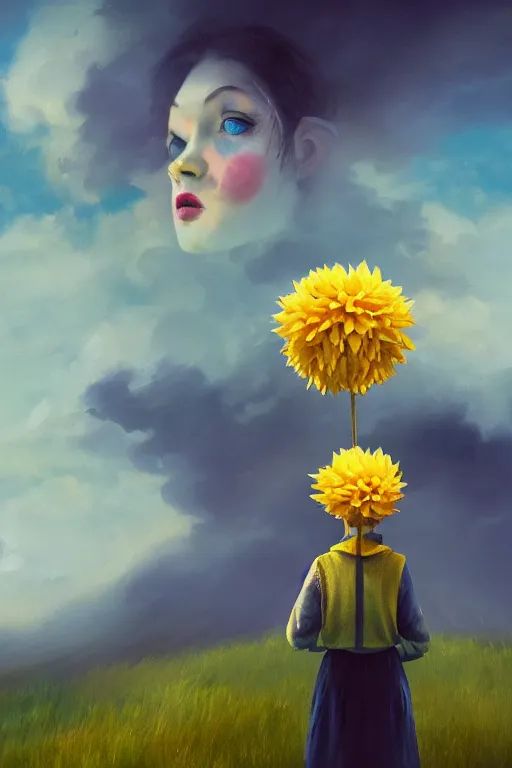 Image similar to closeup girl with giant yellow dahlia flower face, standing on mountain, surreal photography, blue storm clouds, dramatic light, impressionist painting, digital painting, artstation, simon stalenhag