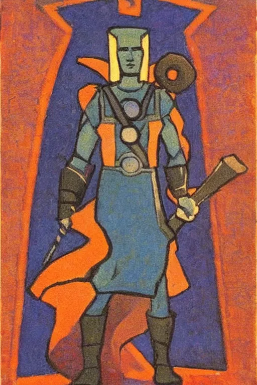 Image similar to thor with hammer, marvel, artwork by nicholas roerich,