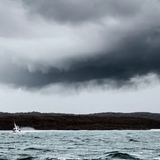 Image similar to A boat drifting into a storm caused by a metallic dark giant rising from the ocean