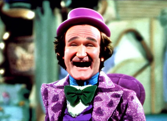 Image similar to film still of Robin Williams as Willy Wonka in Willy Wonka and the Chocolate Factory 1971