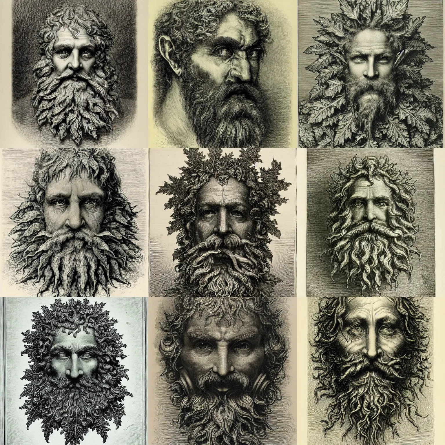 Prompt: an engraving of a green man face design, by gustave dore, highly detailed, oak leaf beard, horizontally symmetrical, lithograph engraving