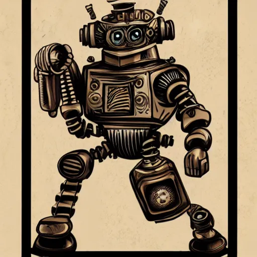 Prompt: A highly stylized matte illustration of a steampunk, tattooed robot-n 6