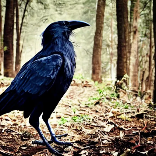 Image similar to male human and crow!! chimera, photograph captured in a forest