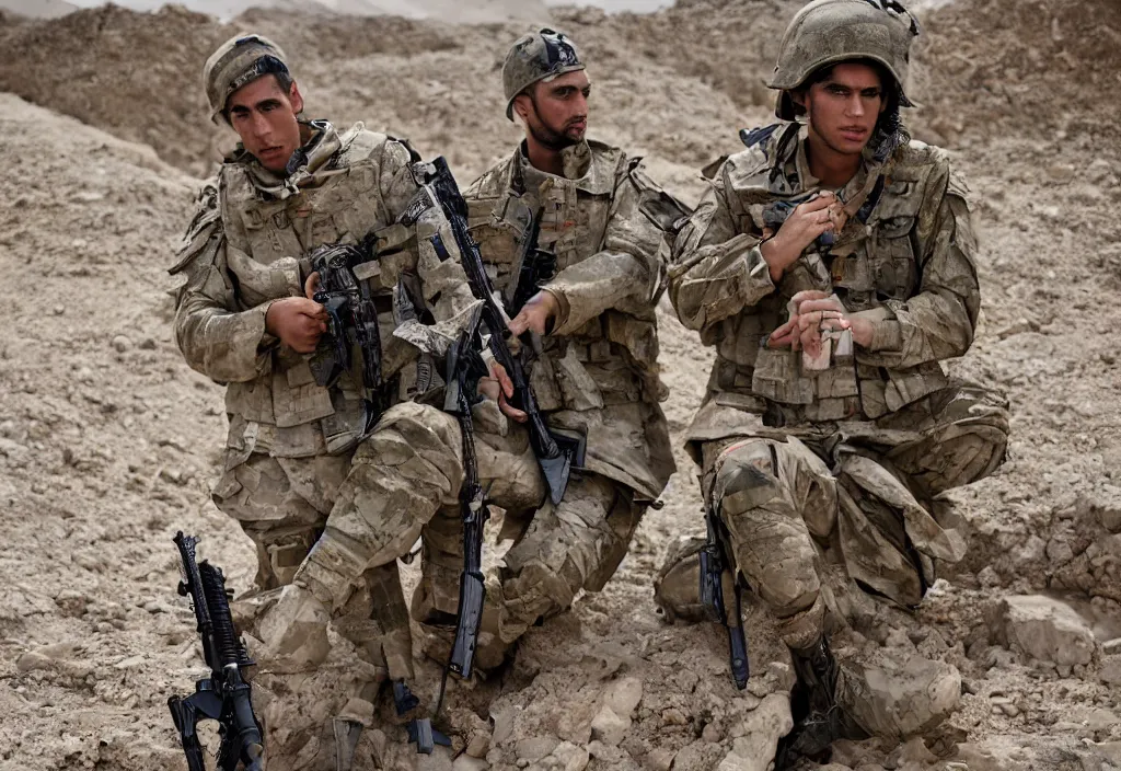 Prompt: fashion editorial in Afghanistan war battlefield. highly detailed.