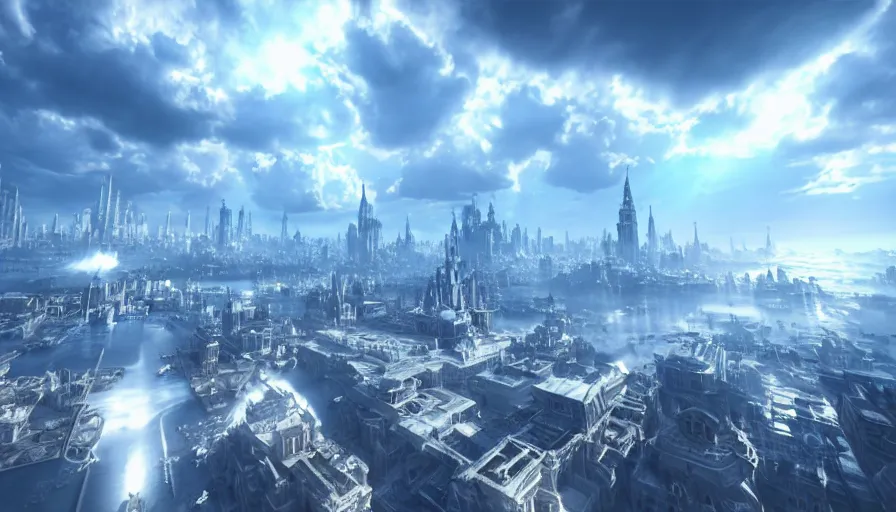 Image similar to Angelic Floating City in the Clouds, Hyperrealistic, Intricate Details, Raytracing, Volumetric Lighting, Lightshafts, Blue and White Color Palette, Unreal Engine 5, Photorealism