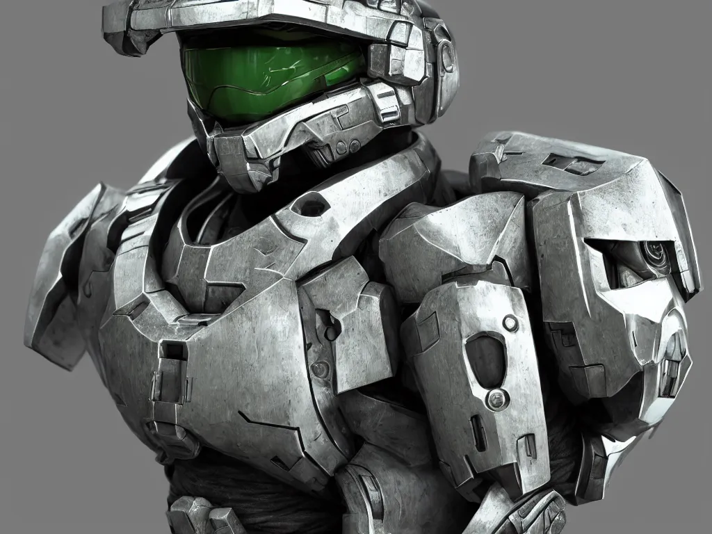 Image similar to master chief with a chef hat on, bust shot, studio photo, 3 d render, unreal engine, stunning scene, hdr, dynamic lighting, chrome, metallic, shiny, reflective, 8 k, hard surfaces