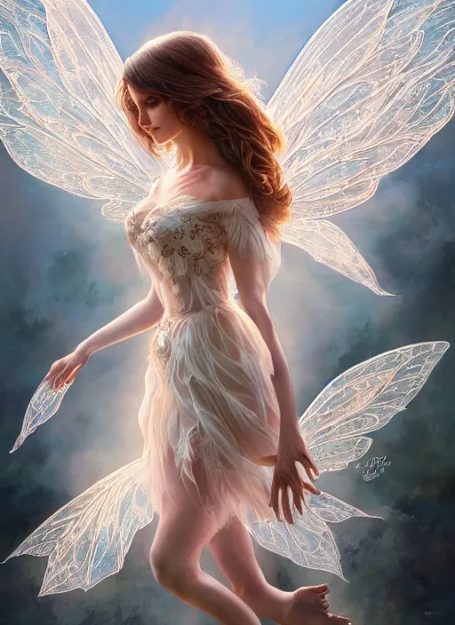 Image similar to full body portrait of a beautiful fairy women with wings of lace, by artgerm, sunny day, highly detailed, perfect lighting, perfect composition, symmetry, detailed features, 4 k, by alan lee, by derek zabrocki, by greg rutkowski