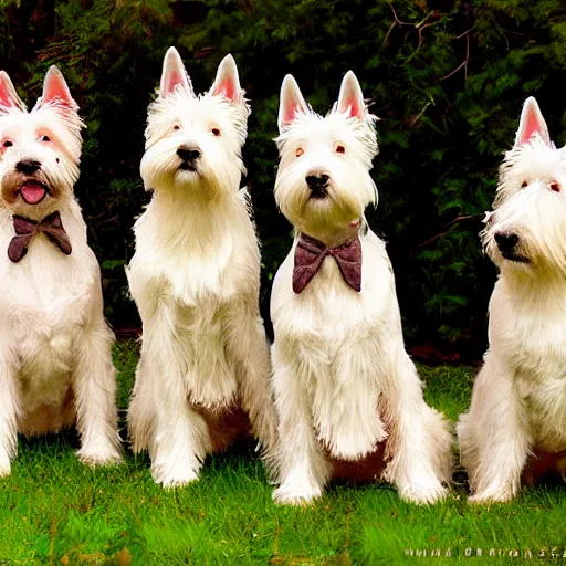 Image similar to a family of west highland terriers in the style of norman rockwell