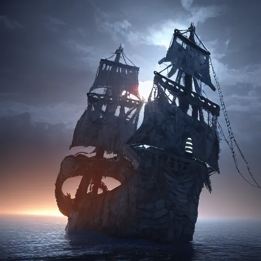 Prompt: haunted ghost ship, pirate, unreal engine