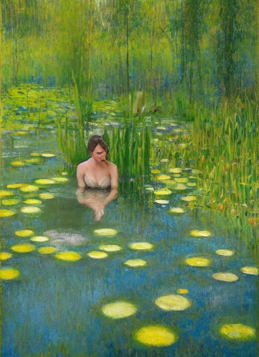 Image similar to full body portrait of a beautiful woman bathing in a shallow pond, front facing her body obscured by water lilies, aspen grove in the background, by Jeremy Mann, stylized, detailed, loose brush strokes, pastel colors, green and yellow tones