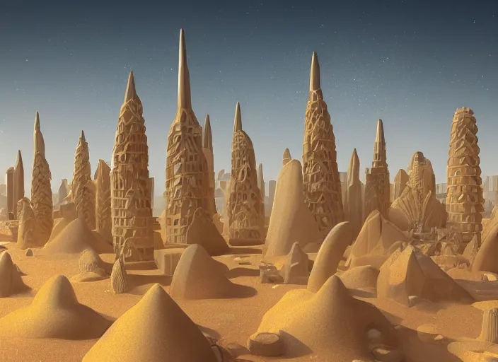 Image similar to cover concept art of the lost sand city, levitating rock piles, golden towers, golden pillars, palm trees, space and time, floating objects, post-processing, in the style of Hugh Ferriss, Behance, Artgerm. High detail, ultra realistic render, octane, 3D, photorealism, symmetric, cinematic