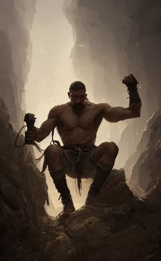 Prompt: Portrait of a rugged ranger sitting down, male, muscular, straight nose!!!, detailed face, handsome face, bare thighs!!!, simple clothing!!!!!, fantasy, medieval, highly detailed, cinematic lighting, digital art painting by greg rutkowski