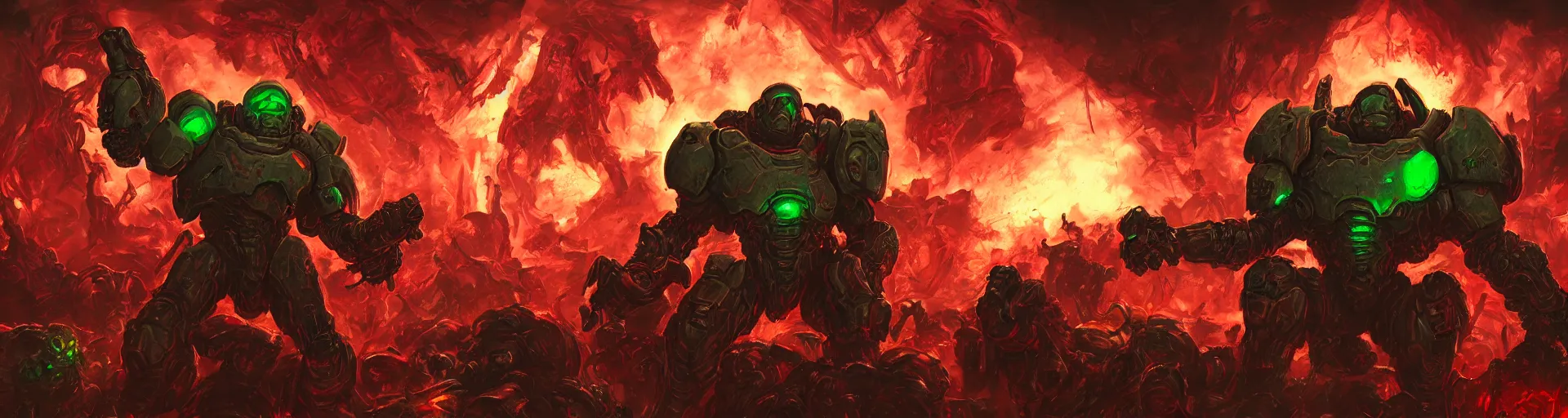 Image similar to Doom slayer on pile of money fighting corporate greed demons, rip and tear, splash screen art, vivid, digital painting