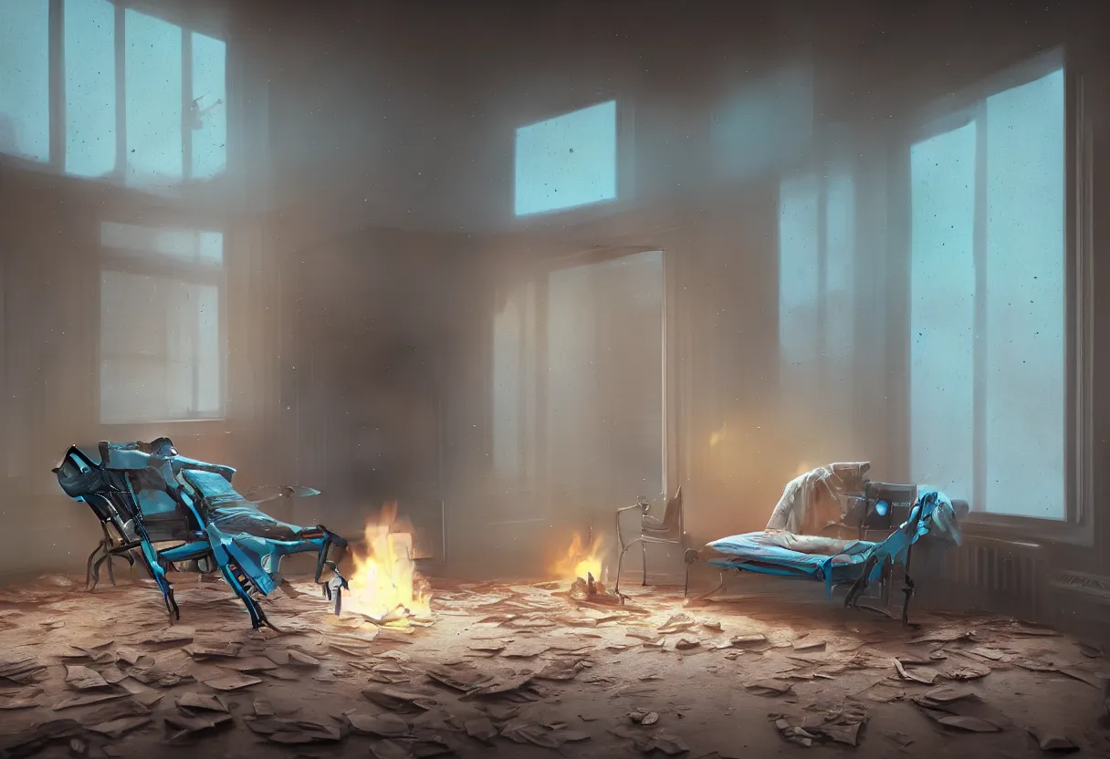 Image similar to intimate photograph of one single lone solitary cerulean and brown decaying futuristic robot lying on a frayed fainting couch in front of a beautiful fireplace with a cozy fire, in a dusty Victorian home, soft morning light seeping in a window, with cinematic lighting and lens flare, tall ceiling, octane render, cgsociety, by Simon Stalenhag and Rouhollah Toghyani and Sylvian Boussiron and Alfonso Cuaron, highly detailed closeup portrait, award-winning highly detailed 8k anamorphic closeup tight cinematic movie photograph