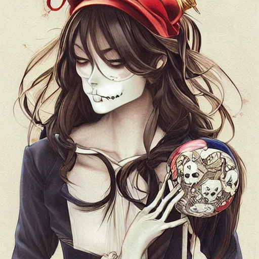 Image similar to anime manga skull portrait young woman holding balloon, skeleton, intricate, elegant, highly detailed, painting by jc leyendecker and sachin teng