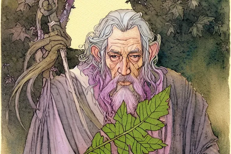 Image similar to a realistic and atmospheric watercolour fantasy character concept art portrait of gandalf with pink eyes lying on his back looking happy and confused with a pot leaf nearby, by rebecca guay, michael kaluta, charles vess and jean moebius giraud