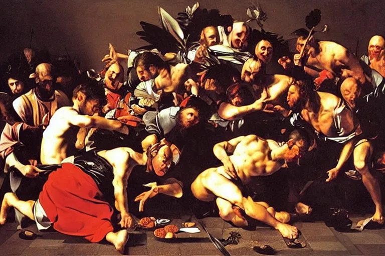 Prompt: elaborate epic royal food fight, baroque painting by caravaggio